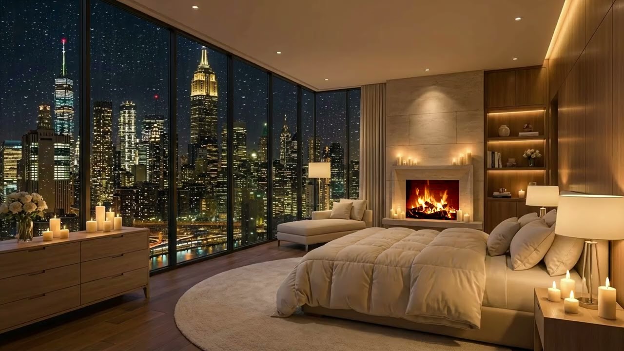 Cozy New York Apartment at Night in 4K | Soft Piano Music & Fireplace Ambience to Focus and Relax