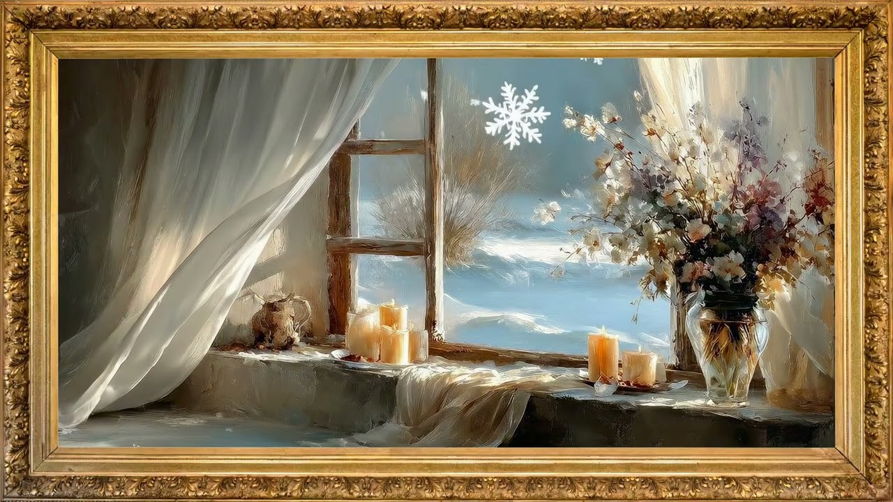Winter flowers by the window | snowfall frame tv art screensaver | live wallpaper for tv 4K