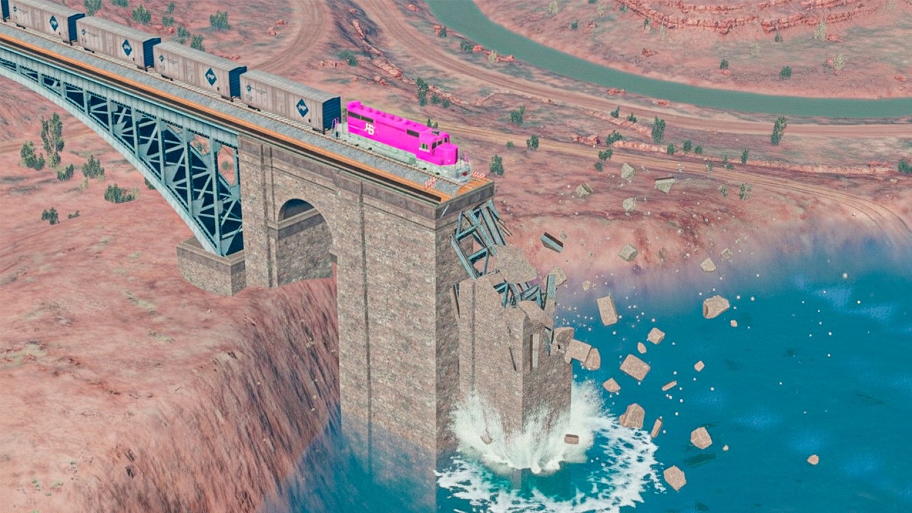 LONG COLORFUL TRAIN vs BROKEN BRIDGE in BeamNG.Drive