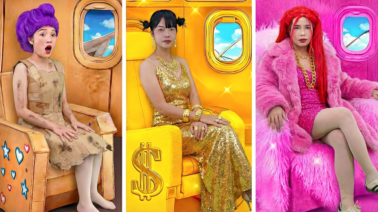 Pobre vs rica vs Giga Rich Huntrix moda en avión – Cazadores de Demonios K-pop en la vida real