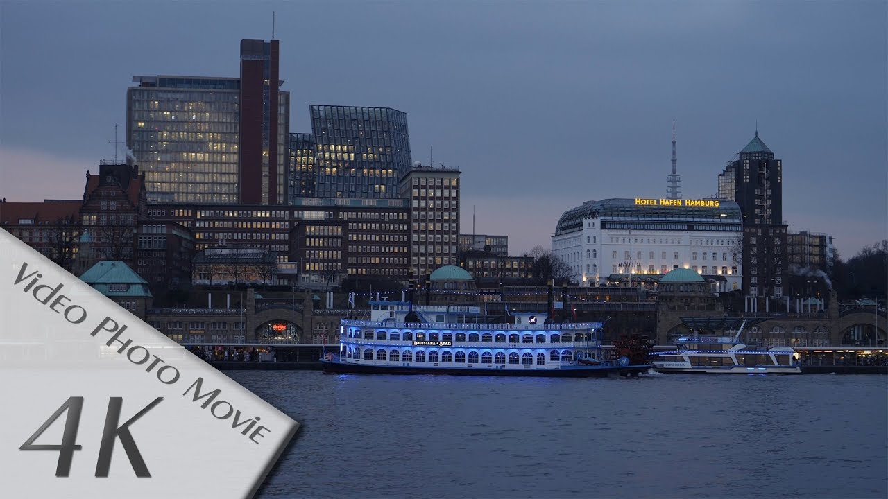 Hamburg, Germany: Harbour view from Steinwerder at dusk/nightfall - 4K UHD Video (2160p/60p)