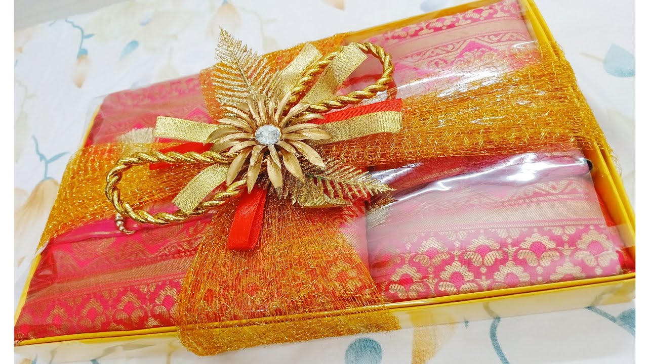 sari gift packing for wedding, sari gift wrape, Saree packing for engagement, trousseau packing idea