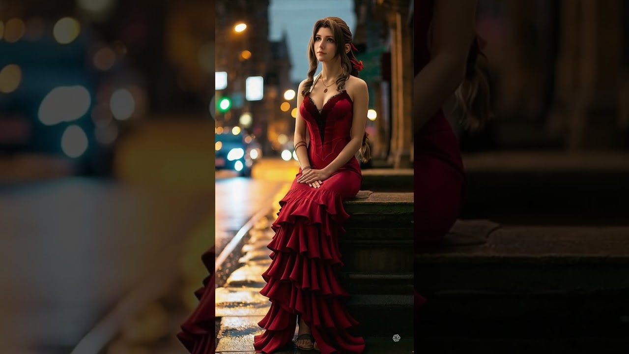 Aerith in red, under city lights.