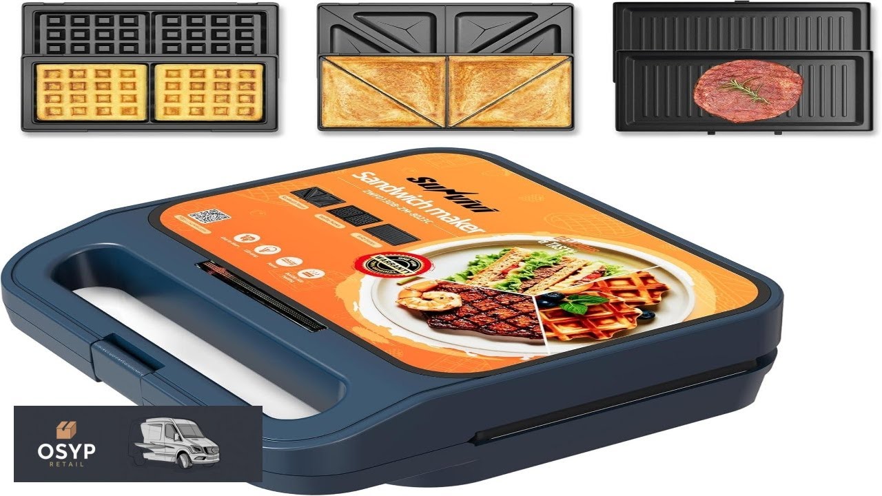 Sunvivi 3 in 1 Sandwich Maker Electric Waffle Maker with Removable Non stick