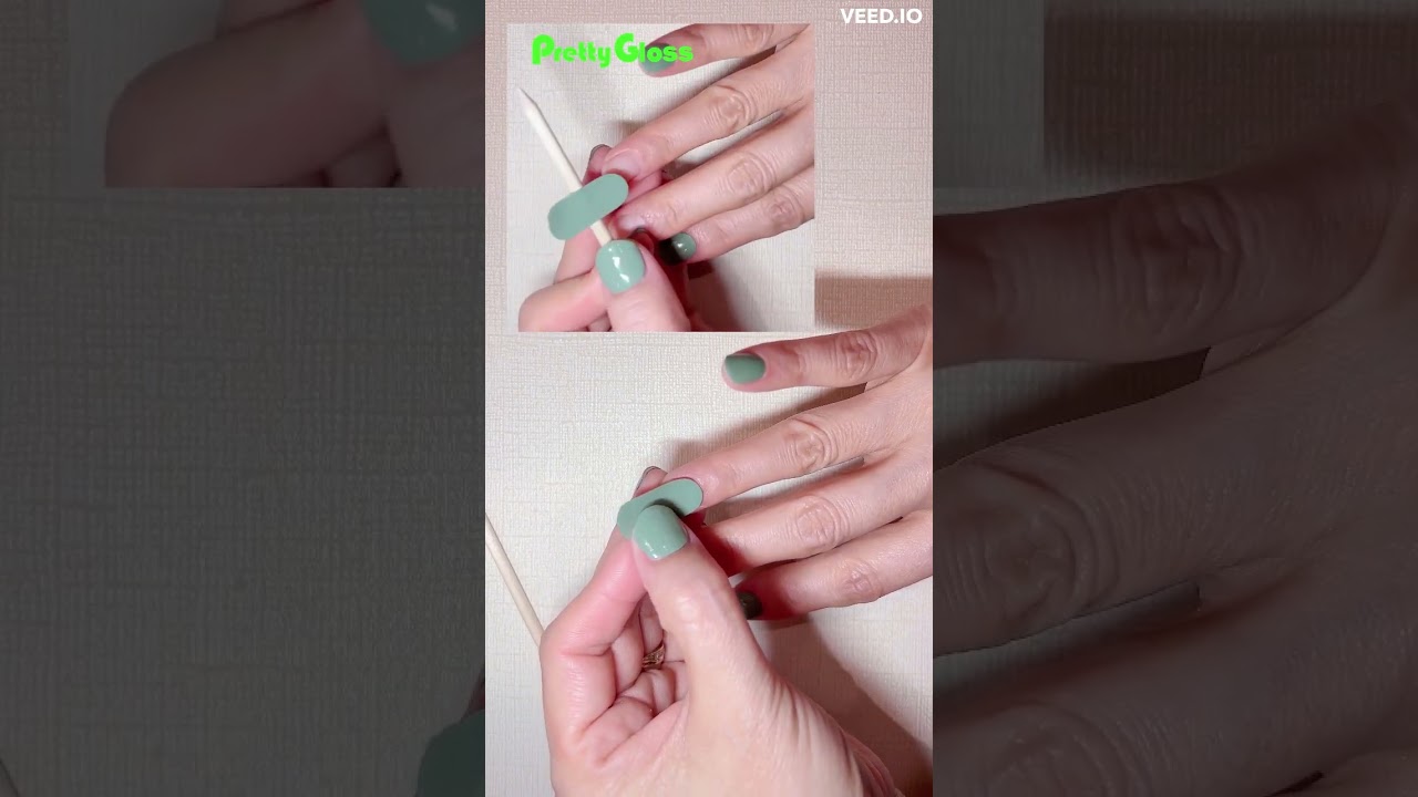 Part of Tutorial, Clean and Applying New Glossy Gel Nail Wraps,  Always trendy Sage Green Gel Nails.