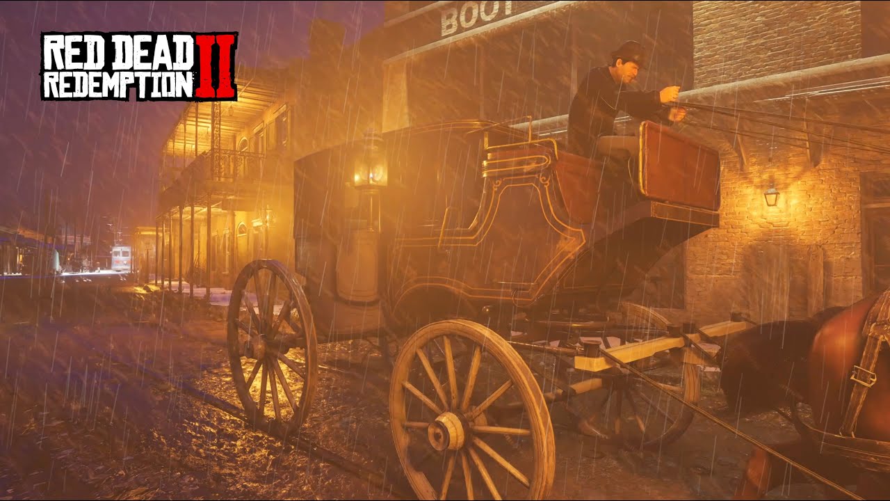 Horse Carriage Ride in Winter Storm | RDR2 Rain ASMR for Deep Sleep & Calm Focus
