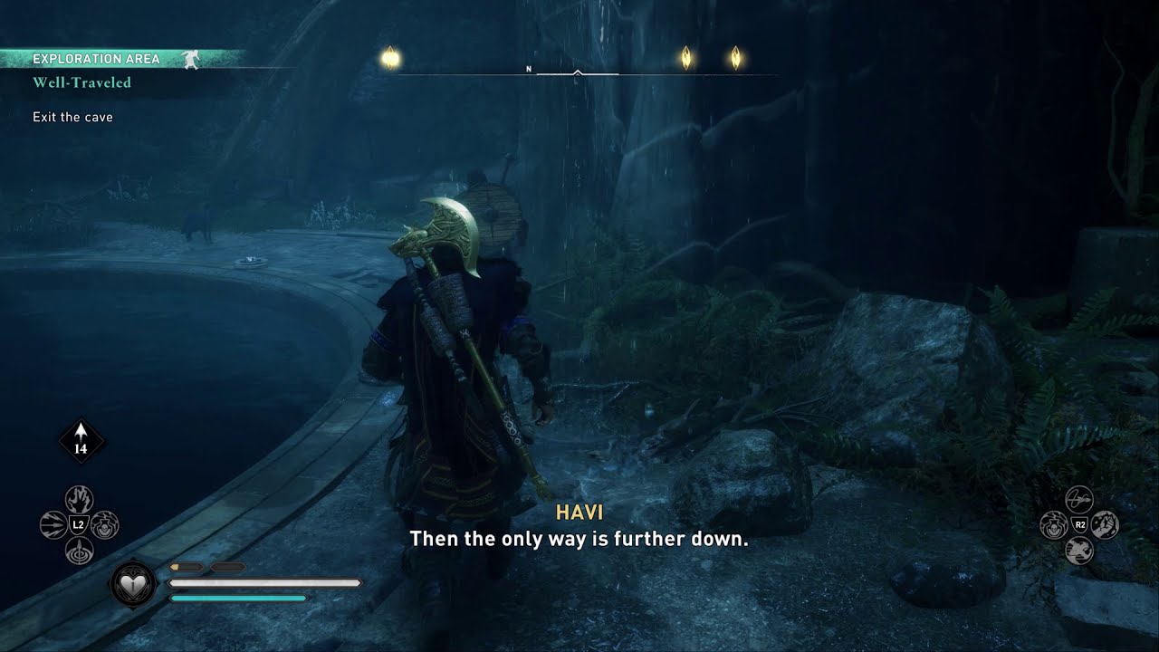Assassin's Creed Valhalla - Asgard: Well-Traveled: Exit The Cave By Swimming, Odin Sees Loki PS5