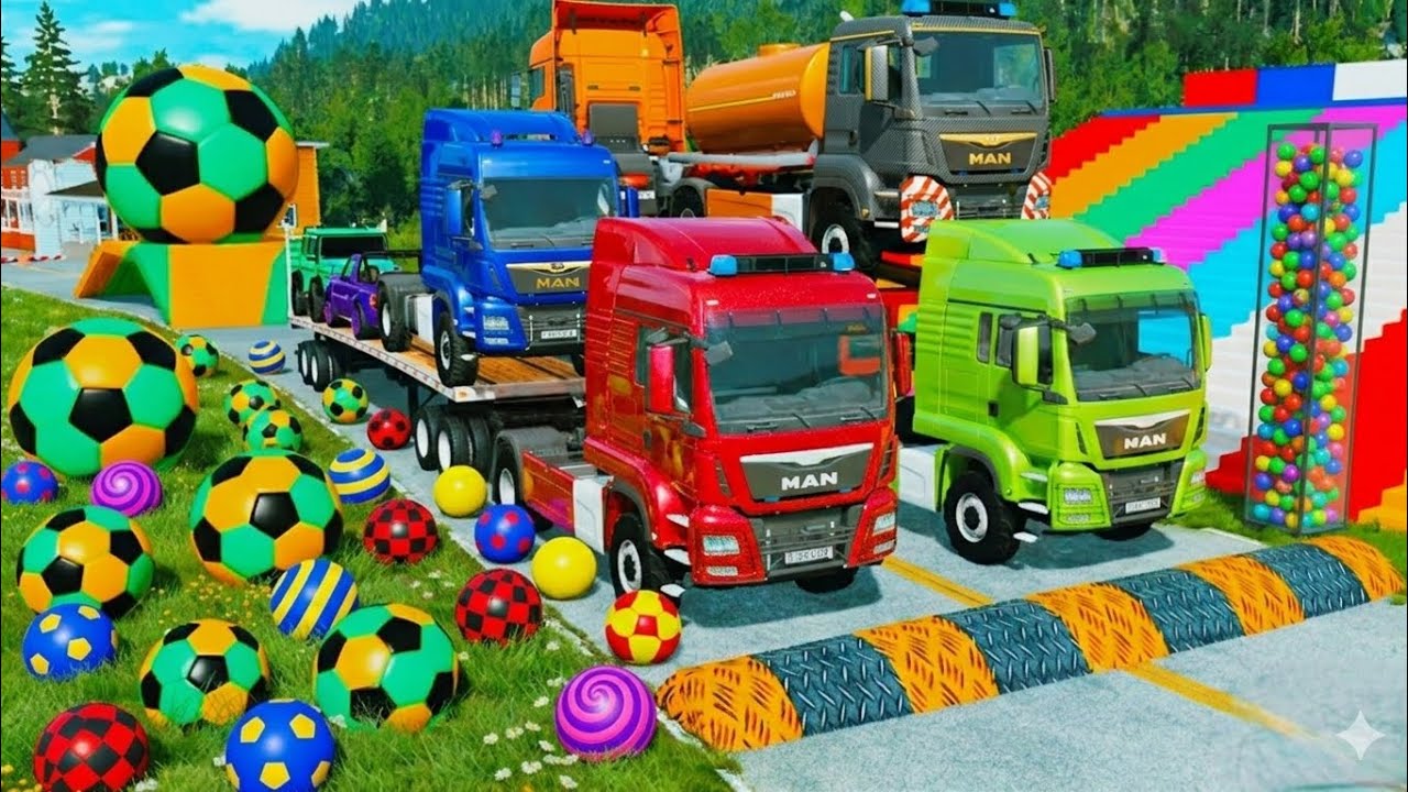 Double Flatbed Trailer McQueen Transportation with Truck Speedbumps vs Cars vs Train BeamNG #008