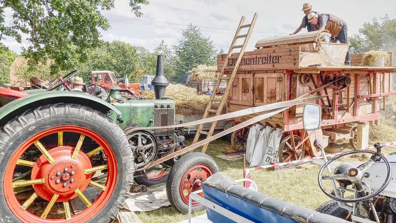 Getreide dreschen wie vor 100 Jahren mit Lanz Bulldog Motor starten