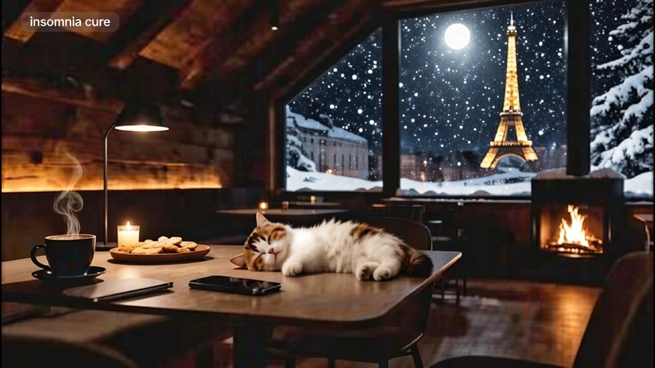 Cozy night café ambience with rain, jazz, and a sleepy cat