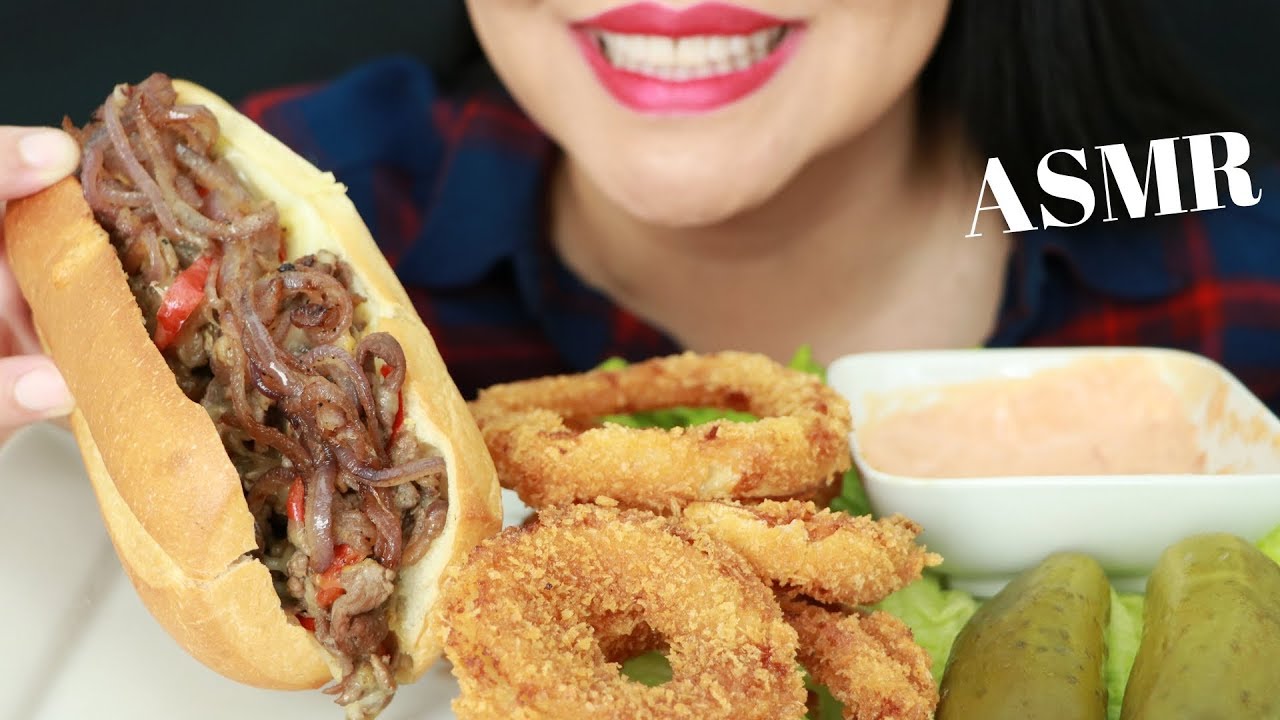 PHILLY CHEESE STEAK SANDWICH & ONION RINGS (No Talking) ASMR