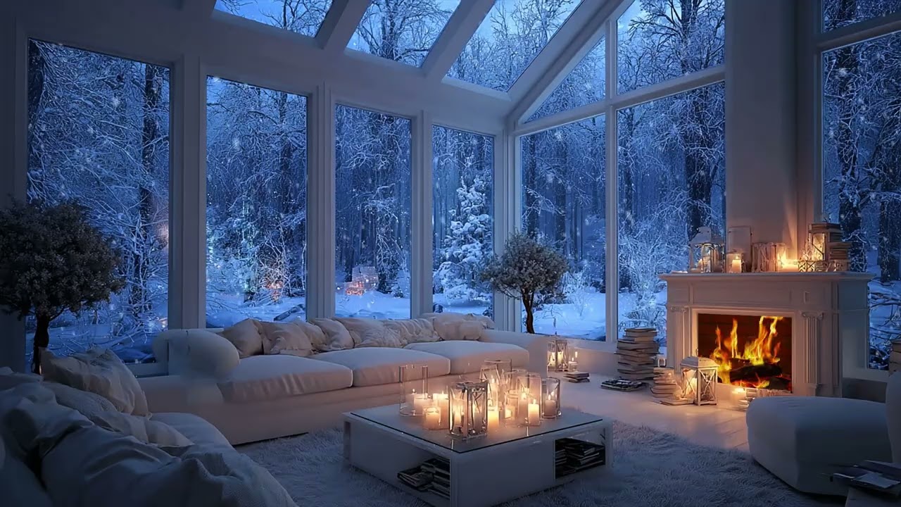 Cozy Winter Piano Lounge | Snowfall & Fireplace Ambience for Deep Sleep, Study and Relaxation