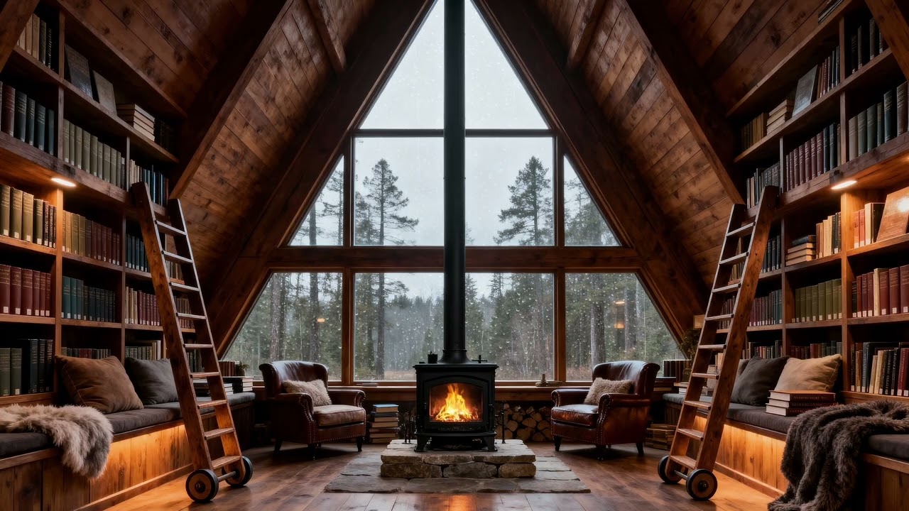 Quiet Cabin Library 🌧️ Fireplace & Gentle Rain | Cozy Study, Sleep & Relaxation (2 Hours)