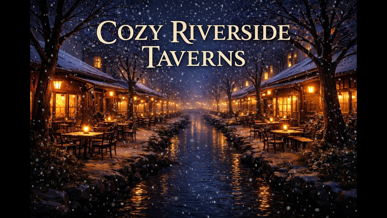 Snowy Riverside Tavern ❄️ Cozy Night by the River 🌙