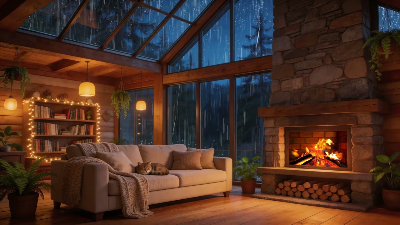 3 Hours Rain Sounds 🌧️ Rain on Glass Window, Cozy Cabin Sofa & Sleeping Cat | Deep Sleep Ambience