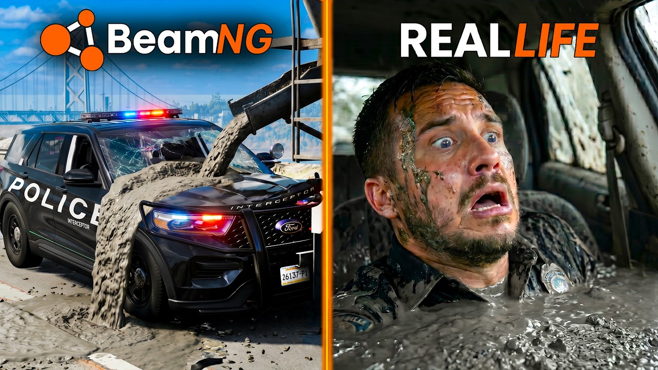 BeamNG vs REAL LIFE: Police Interceptor Trapped in Wet Concrete! (Total Crunch #12)