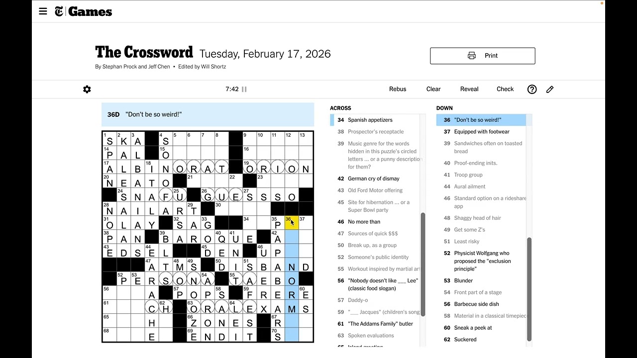 New York Times Crossword Solve - Tuesday Feb 17 2026