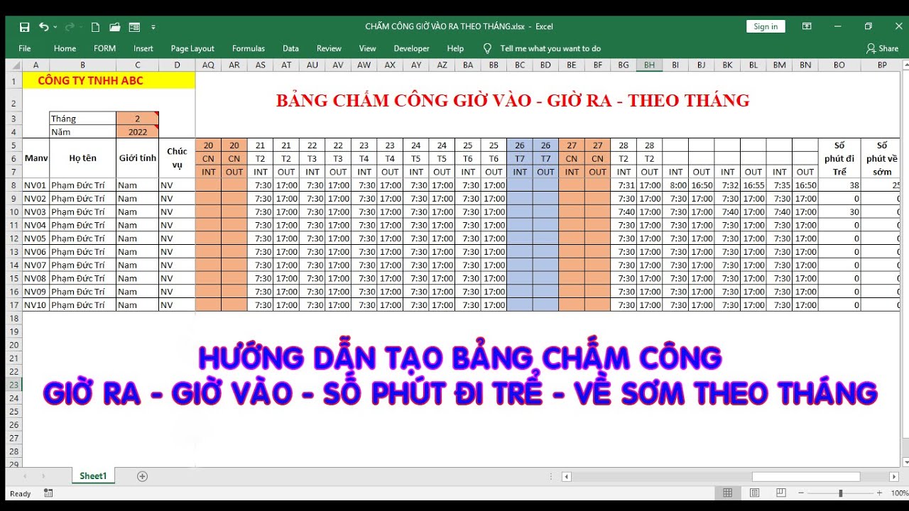 Tạo bảng chấm công giờ vào giờ ra theo tháng | Hướng dẫn chi tiết