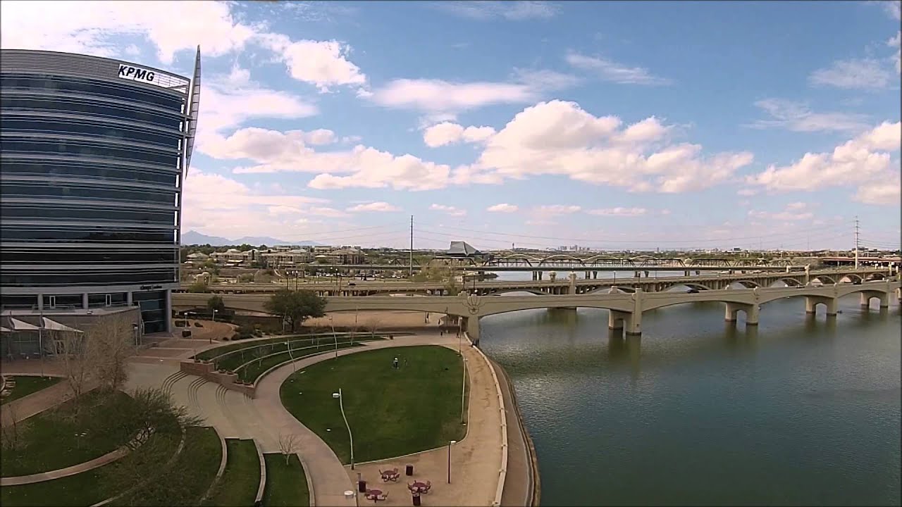 Drone Flight Over Tempe Town Lake And Mill Ave Bridges