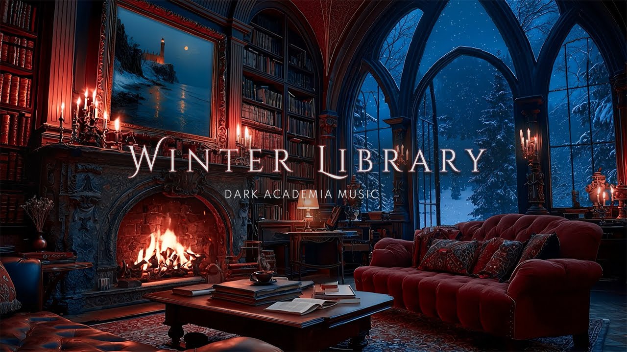 Winter Gothic Library with Fireplace Ambience❄️Dark Academia Piano & Violin Music for Study, Reading