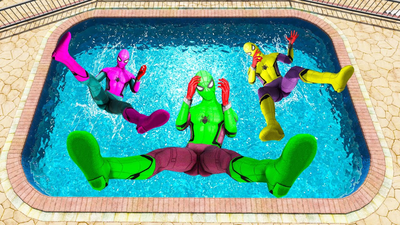 GTA 5 Rainbow Red Vs  Green & Pink Spiderman Jumping Into Pool (Euphoria Physics/Ragdolls) #3