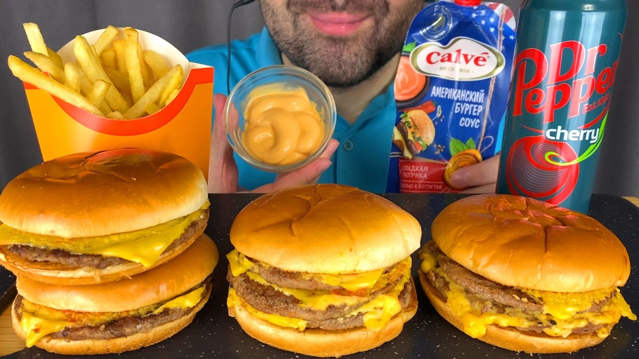 ASMR EATING TRIPLE CHEESEBURGER, DOUBLE CHEESEBURGER & CLASSIC + FRENCH FRIES & Dr Pepper (MUKBANG)