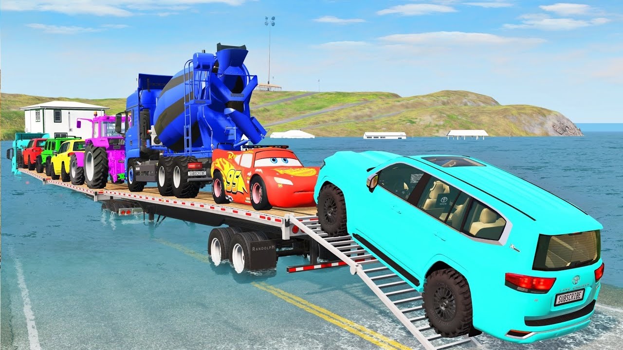 Triple Flatbed Trailer McQueen Transportation with Truck - Speedbumps vs Cars vs Train - BeamNG #33