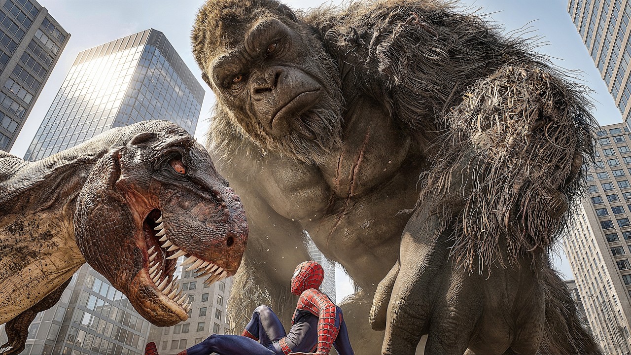 Kong Saves Spider Man From a T-Rex - Green Goblin Attacks