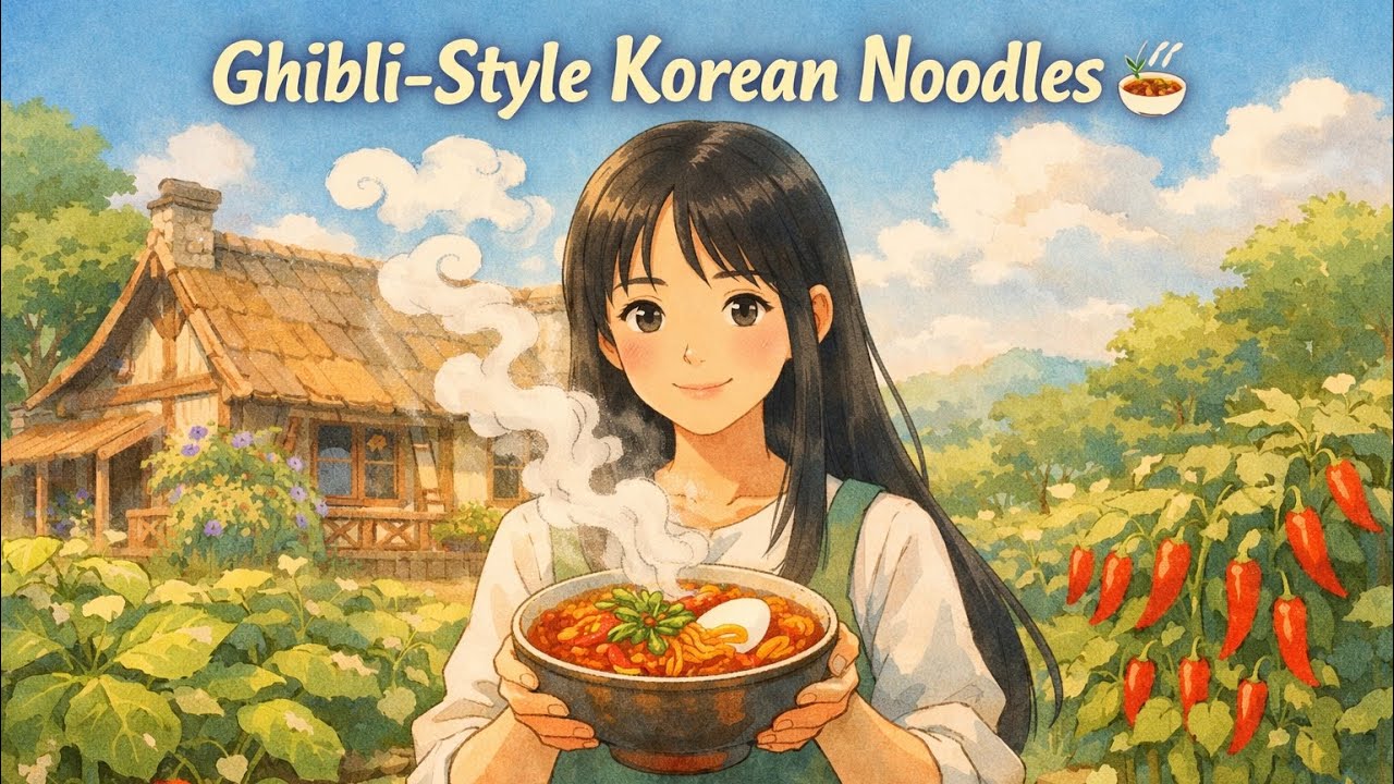 Ghibli-Style Korean Spicy Noodles ASMR | Cozy 2D Watercolor Cooking Video 🌿🍜