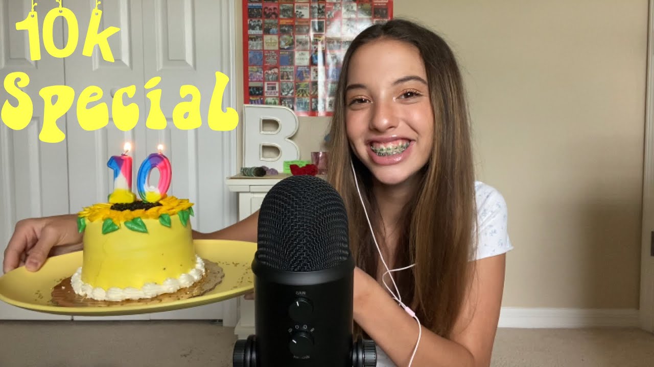 ASMR 10k Celebration💛 (eating a sunflower cake and tapping on yellow triggers)
