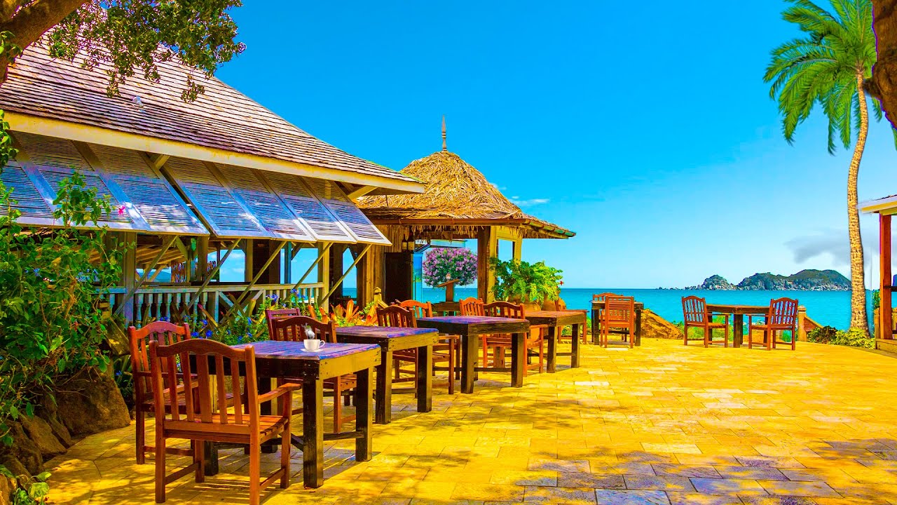 Caribbean Cafe Ambience ☕ Coffee Shop Ambience with Smooth Bossa Nova,  Ocean Waves & Birds Sounds