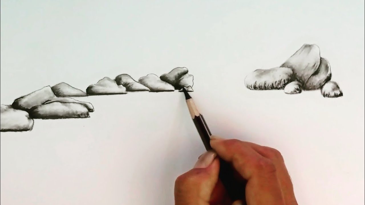 How to draw stones on the shore of a water lake in Landscape / Drawing for beginners /