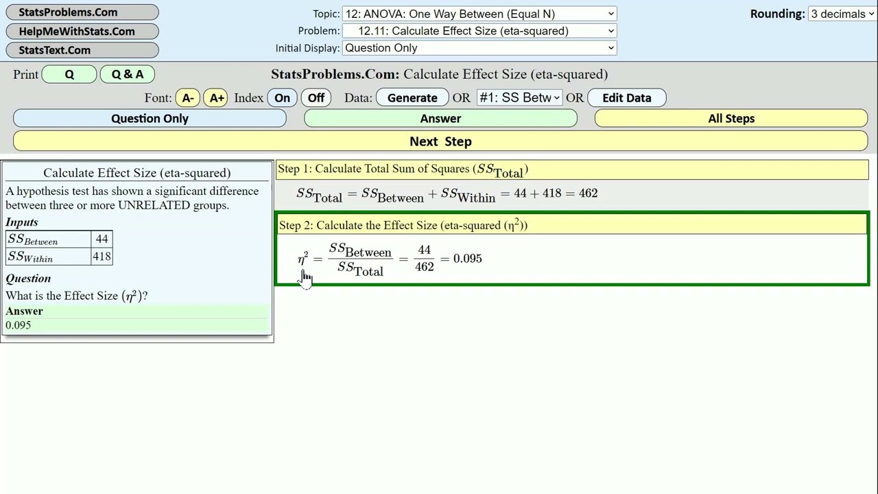 How to Calculate ANOVA Effect Size (eta-squared) (Equal N per Group): A Step By Step Solution