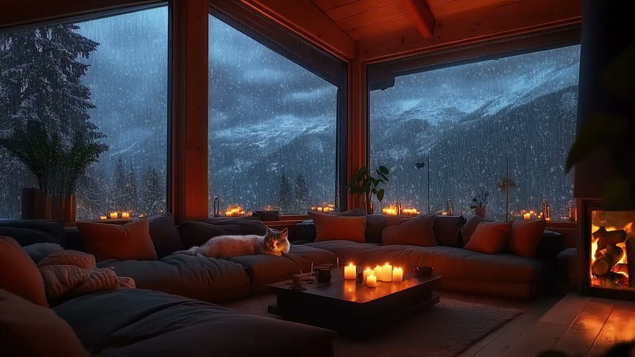 Starker Regen im gemütlichen Wohnzimmer | Bergblick, knisternde Atmosphäre