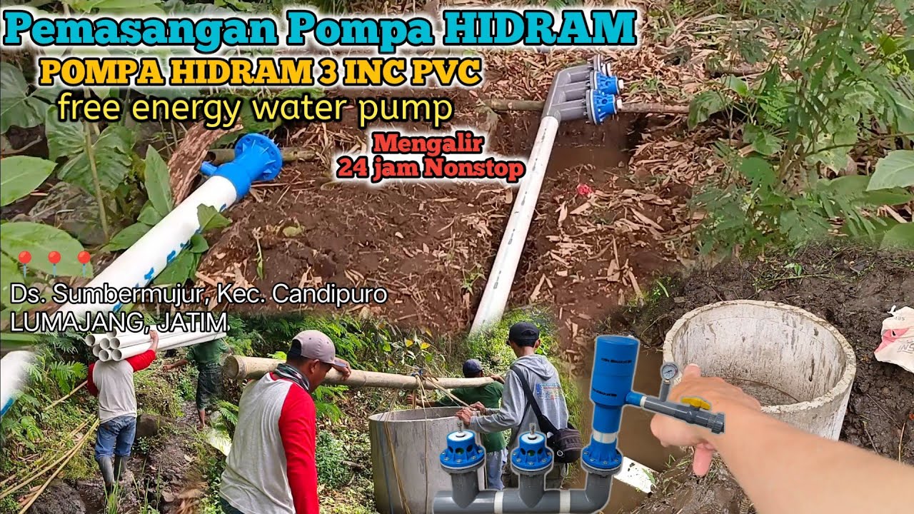 Pemasangan Unit Pompa Hidram PVC 3 Inc Output 1 Inc full mengalir 24 jam nonstop