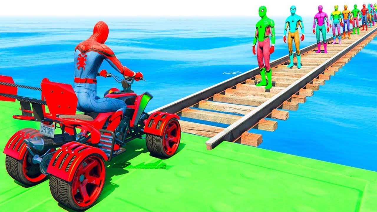 GTA 5 Crazy Ragdolls | Spiderman by Quad Bike On Rainbow Spiders Bridge (Spider Shark Jumps)