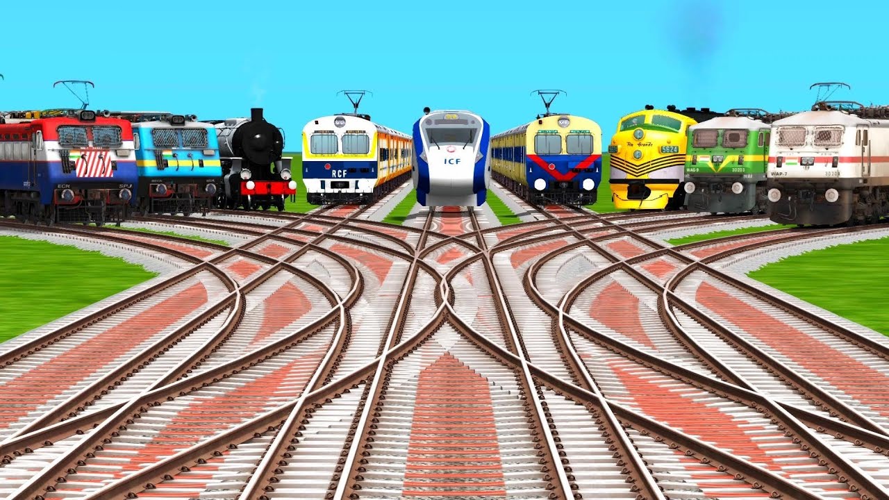 Nine Trains Crossing At Bumpy 3D Curved Animated Railroad Tracks | train simulator gameplay 