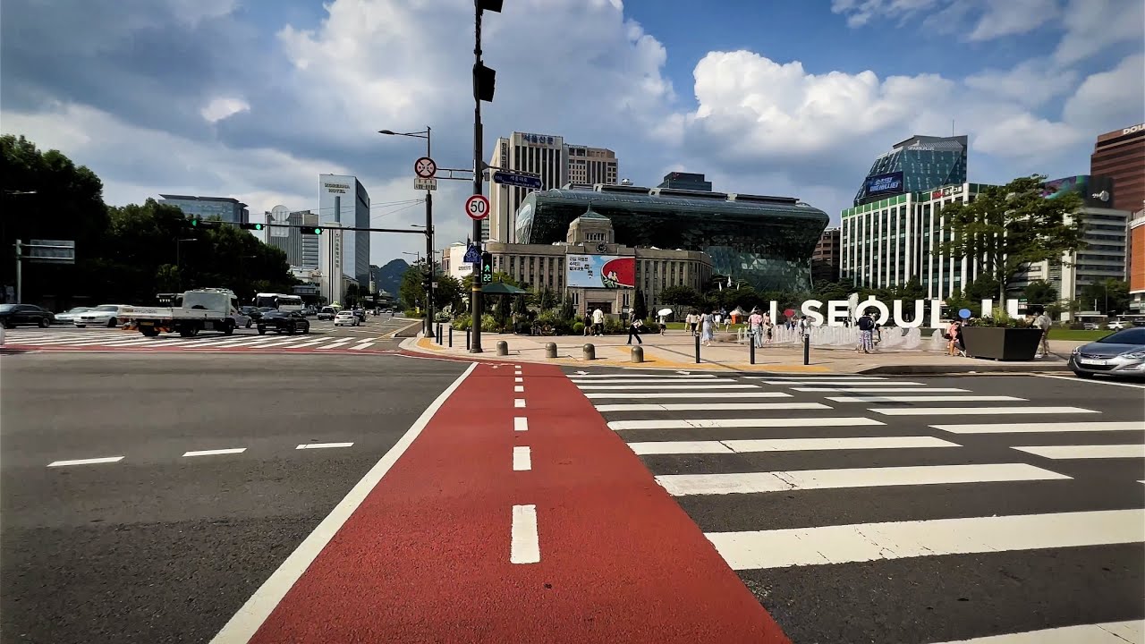 Biking in Downtown Seoul in Summer - bike lane