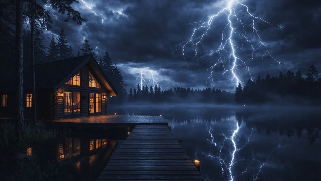 Lightning Storm at the Lake Cabin 🌩️ Rain Sounds for Sleep & Relax