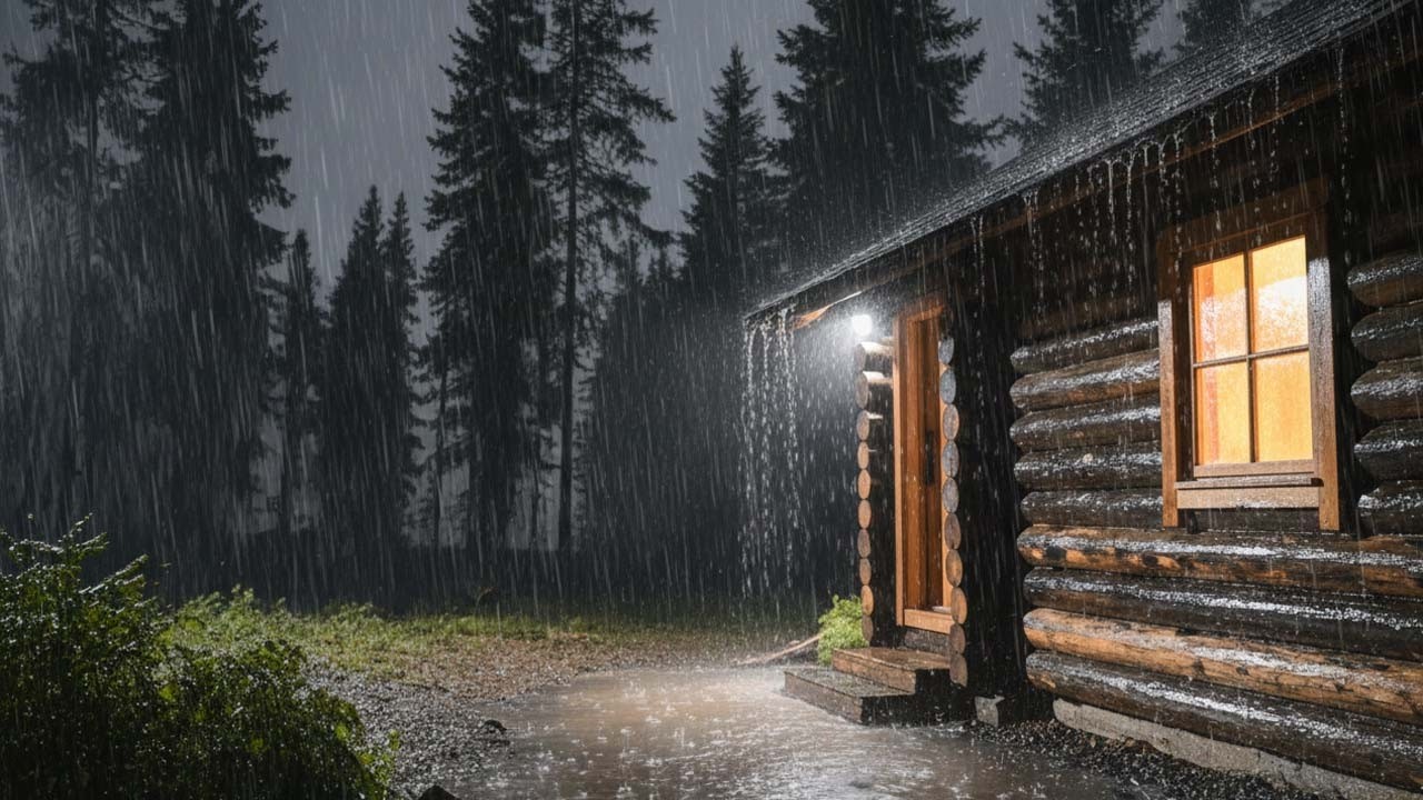 INSOMNIA RELIEF Heavy Rain Sounds | Cozy Log Cabin Night (10 Hours Black Screen)