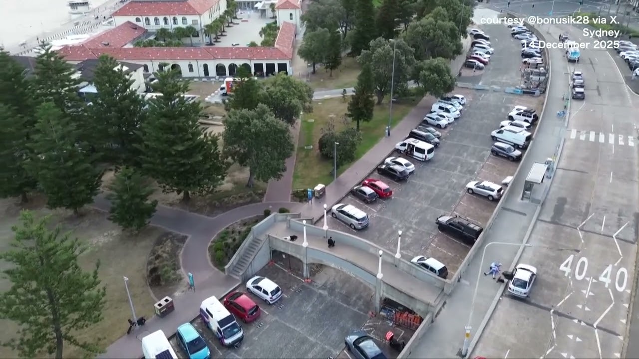 MOMENT: Drone video shows Sydney's Bondi Beach shooter on bridge
