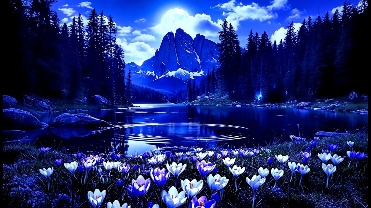 Spring Crocuses by a Moonlit Lake 🌕 2 Hours Deep Sleep Music & Mountain Night
