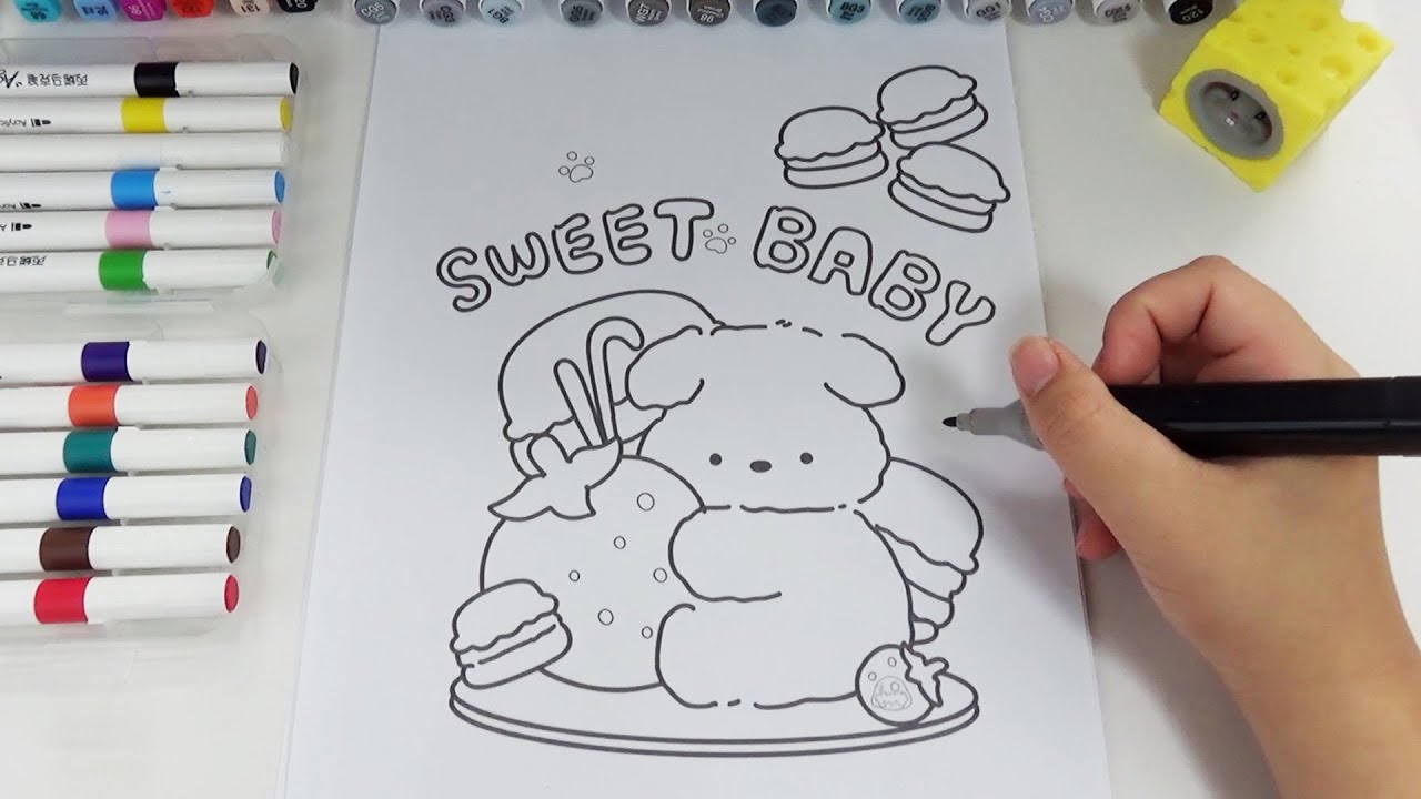 Coloring a Sweet Baby Bear with Strawberry & Macarons