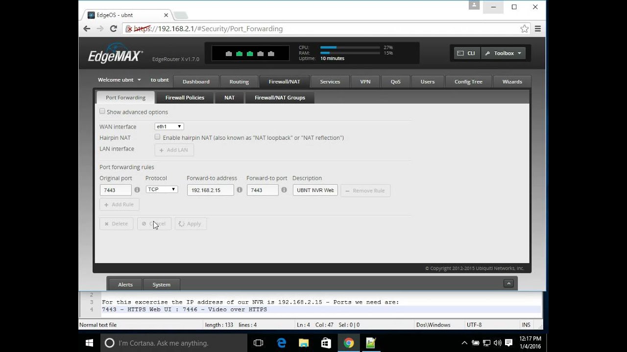 No Audio - Forward ports for a Ubiquiti Networks NVR through your Ubiquiti Edge Router