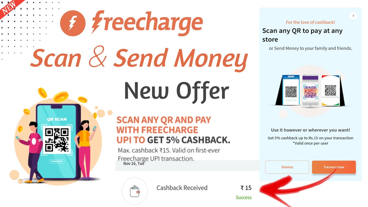 Scan any qr and pay with Freecharge UPI to get 5%(प्रतिशत) Cashback offer upi transaction send money