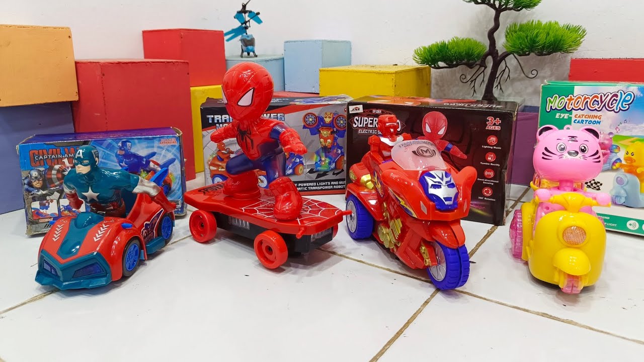 Buka Paket Mainan Spiderman Skateboard, Captain Amerika Car, Ironman Motor Dan Kucing Skuter.