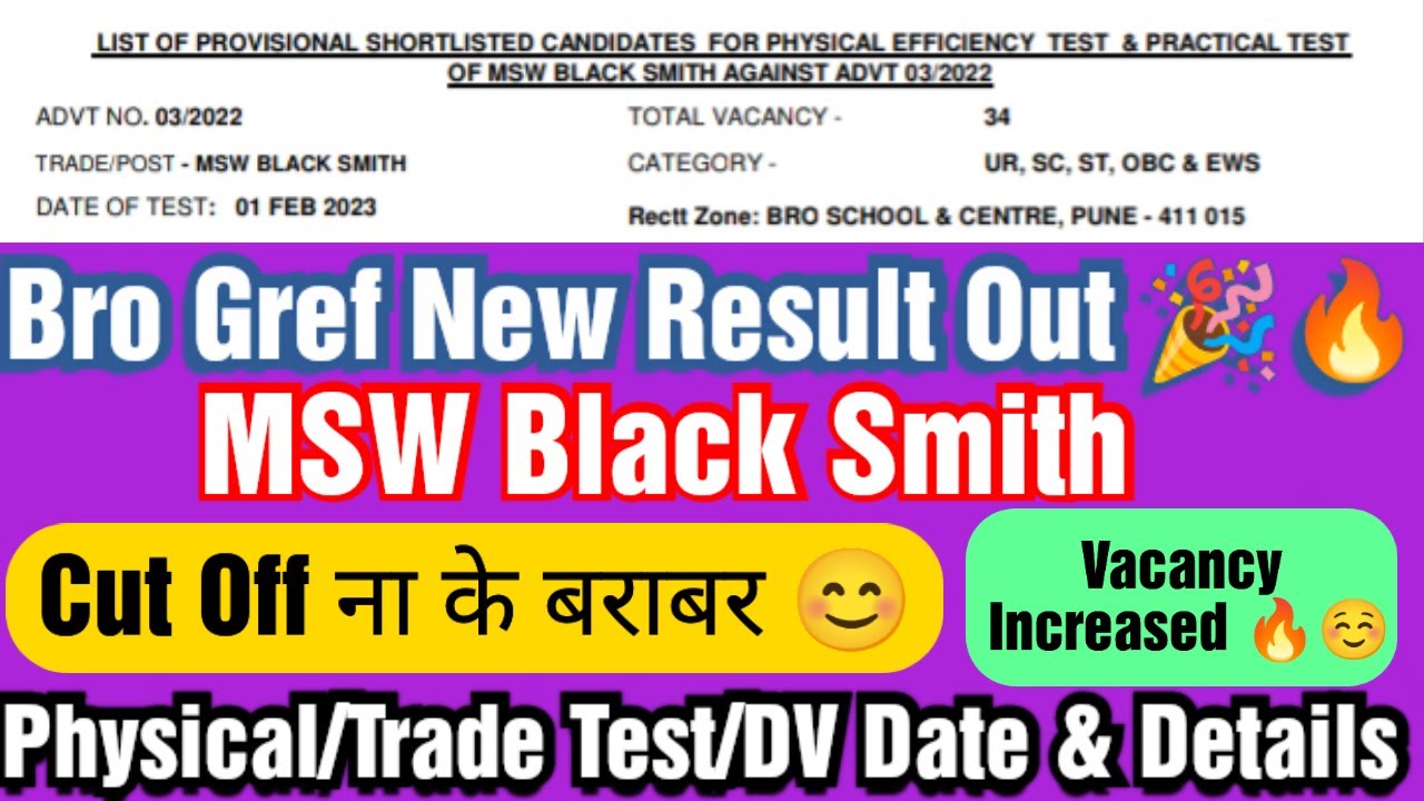 Bro Gref MSW Black Smith Result Out 🎉 ! Vacancy Increased ☺️ ! Cut Off ना के बराबर ! PET/TT/DV Date