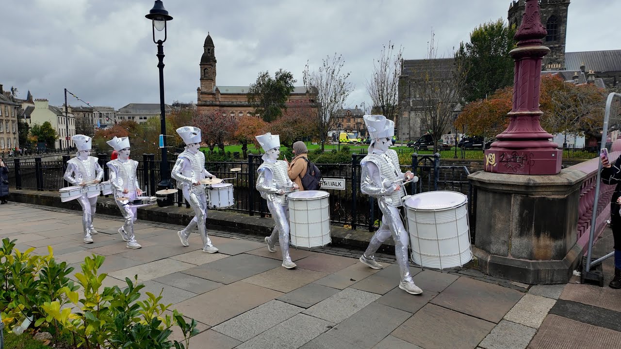 Spark! LED drummers street drumming show during 2024 Paisley Halloween Festival in Scotland
