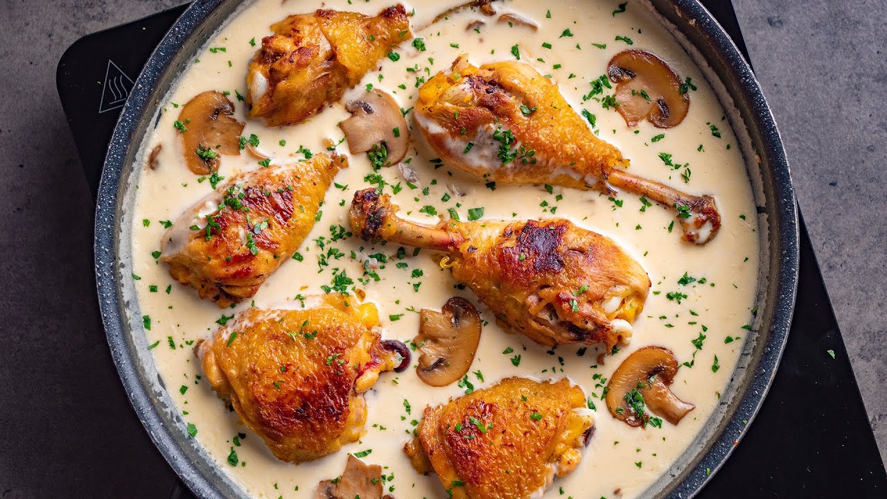 Pollo con nata y champiñones - Deliciosas