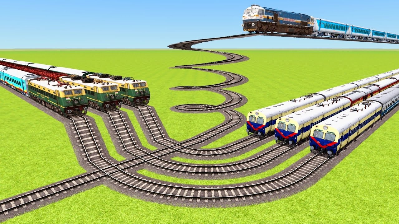 SEVEN CRAZY TRAINS VS SHARP LONG SPRING TURNS AND BYPASS CROSSING ▶️ Train Simulator | CrazyRails